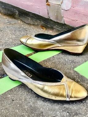 Easy Street Vintage 80's Low Wedge Pump Silver + Gold Made in USA USED